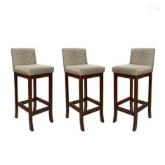Kit 3 Banquetas Média com Encosto Matelassê Tóquio Madeira Maciça Suede Bege CCS