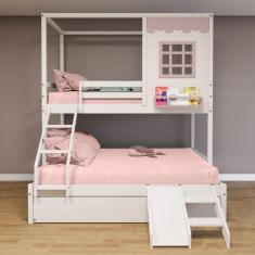 Treliche Casinha Reta Casal/ Solteiro com Escorregador Madeira Maciça Branco/ Rosa Housin