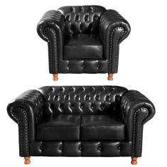 Conjunto Sofá 2 Lugares e Poltrona Luis XV Chesterfield Vintage Preto