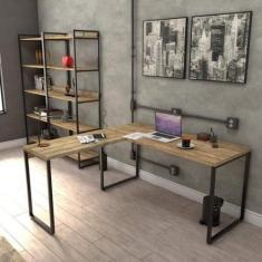 Kit 3 Peças com Mesa para Escritório em L Kuadra e 2 Estantes Multiuso