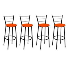 Kit 4 Banquetas Altas Preta com Encosto Assento Laranja - Fortmix