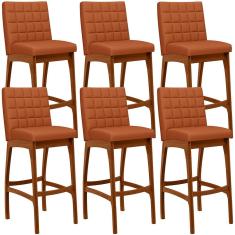 Kit 06 Banquetas Altas Mila L02 Assento em Tecido Estrutura em Madeira Encosto Fixo