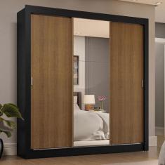 Guarda-Roupa Casal 3 Portas de Correr com Espelho 4 Gavetas Preto/Rust