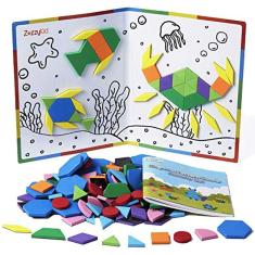 ZazzyKid Kids Blocos de padrão magnético Conjunto: 216 PCS Forma Geométrica Quebra-cabeças Tangram - STEM