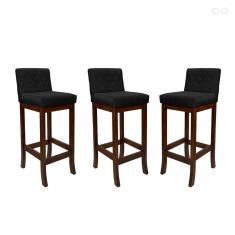 Kit 3 Banquetas Alta para Bancada de Cozinha Tóquio Madeira Maciça Matelassê Suede Preto CCS