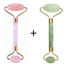 Rolo Massageador Facial Pedra Quartzo Pedra Rosa + Pedra Jade Verde