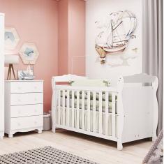 Quarto de Bebê com Cômoda 4 Gavetase Berço Americano Nina 100% Mdf Espresso Móveis Branco Brilho