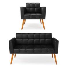 Kit 1 Sofá Namoradeira E 1 Poltrona Elisa Corano Preto Pés Palito Castanho - D`rossi