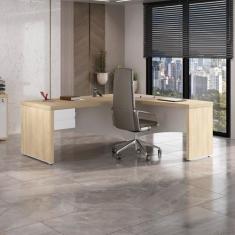 Mesa Diretor para Escritório em L e Tamburato com Gaveteiro Suspenso Organizador Carvalho/Branco