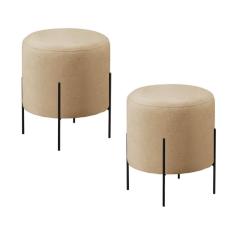 Conjunto - 2 Puffs Banqueta Odim Base Metálica Preta Luxo Linho Bege