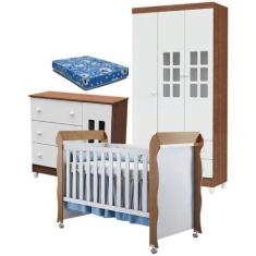 Quarto De Bebê Mariah 3p Com Berço Mirelle Branco Acetinado Amadeirado