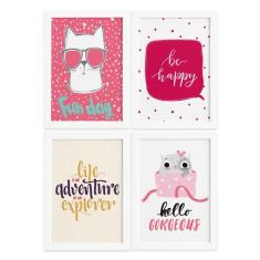 Quadros com Frases Happy Cat Moldura Branca 22x32cm 4un - Quartinhos