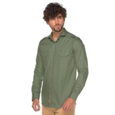 Camisa Social Manga Longa Slim Lisa Algodão Militar Bolsos-Masculino