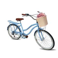Bicicleta aro 26 modelo retrô cesta tipo vime 6v azulbbclaro