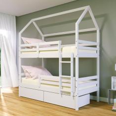 Beliche Casinha Solteiro Slim RB com 02 Gavetas e Grade de Proteção Madeira Maciça Branco Housin