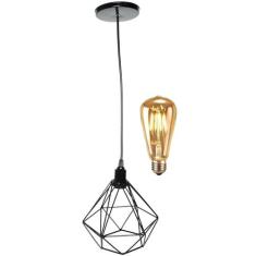 Pendente Aramado Diamante Luminária Lustre Retrô Balcão + Lâmpada Led 