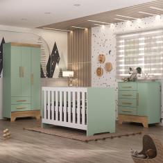 Quarto de Bebê com Guarda Roupa 3 Porta 2 Gavetas Cômoda 4 Gavetas 1 Porta e Berço 3 em 1 Catavento Maya Rodial - Verde/Nature