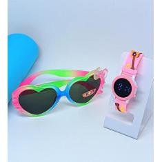 Kit Relógio Infantil Digital Led Redondo Pulseira Silicone Desenho ani