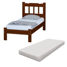 Cama Solteiro Com Colchão Em Madeira Maciça Castanho