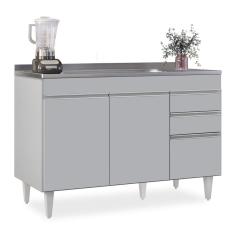 Balcão de Cozinha com Pia Inox 120cm 3 Portas Michigan Cinza Claro - Lumil