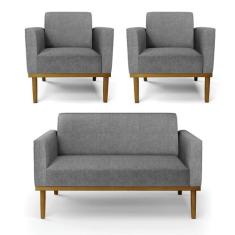 Sofá Namoradeira com 2 Poltronas Base de Madeira Fixa Castanho Marisa 