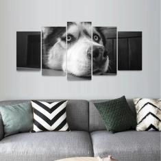 Quadro Husky Siberiano em Preto e Branco Mosaico 5 Peças