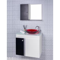 Gabinete para Banheiro Branco e Preto com Cuba Vermelha e Armário com Espelho