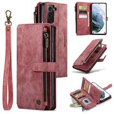 UEEBAI Capa carteira para Samsung Galaxy S21 FE 5G, capa de telefone premium feita à mão de couro PU com compartimentos para cartões, fecho magnético, bolso com zíper, suporte, capa flip com alça de