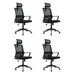 Kit 4 Cadeiras Para Escritório Giratória Presidente Tokyo Com Apoio Cabeça Preto