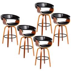 Kit 5 Banquetas Giratória Alta com Encosto Base Madeira Ravi R02 PU Preto - Mpozenato