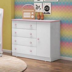 Cômoda Sapateira Infantil 1 Porta 4 Gavetas Doce Sonho Qmovi Rosa/Branco