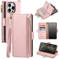 Antsturdy Capa carteira compatível com iPhone 16 Pro Max, capa de telefone de couro PU com bloqueio de RFID, mulheres, homens, suporte, alça de pulso, zíper, compartimentos para cartão de crédito para