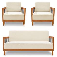 Kit 2 Poltronas e Sofá Living 2 Lugares Marilia 1,60m Linho Base em Madeira Castanho - Pallazio