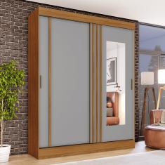 Guarda Roupa Solteiro 2 Portas Com Espelho 2 Gavetas Marcel Casa 812 - Nature com Cinza