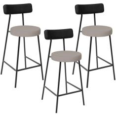 Kit 03 Banquetas Baixa Bar Cozinha Sala Jantar Milão L02 Couríssimo Preto Linho Bege - Lyam Decor