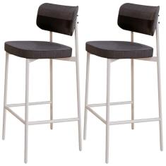 Kit 02 Banquetas Alta Bar Cozinha Sala De Jantar Aço Branco Kaira C01 Linho Preto Courino Preto - Lyam Decor