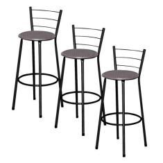 Jogo 3 Banqueta Alta Ratan Preta Retro - Lamar Design, Cinza claro
