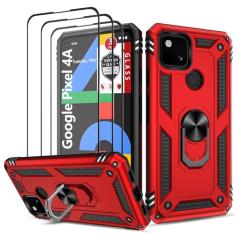 Capa para Google Pixel 4a com [3 peças], protetor de tela de vidro temperado, anel magnético integrado de nível militar, suporte de camada dupla, híbrida, à prova de choque, capa robusta Aromr para