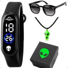 Relogio Et Infantil Led Ovni + Caixa + Oculos Sol + Colar Prova Dagua 
