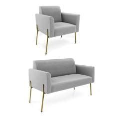 Sofá Namoradeira e Poltrona Pé de Ferro Dourado Marisa Suede Cinza - D