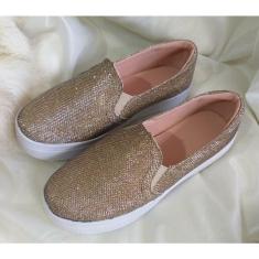 Tênis Feminino Slip on Iate Confortável Dourado E Olografico Com Gliter Calce Fácil-Feminino