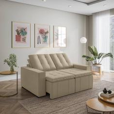 Sofá Cama Retrátil e Reclinável 3 Lugares 180cm em Veludo com Molas e Braço Reto Palmeira Cabecasa M Bege