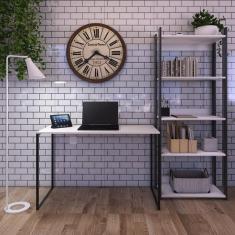 Escrivaninha Industrial com Estante 5 Prateleiras Madeira Branca