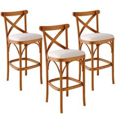Kit 03 Banquetas Altas Cozinha Bancada Bar Sala de Jantar Estofada Ávila L02 Linho Cru - Lyam