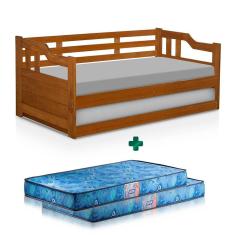 Sofá Cama Solteiro Madeira Maciça Com Auxiliar Castanho Atraente Com Colchão Gazin