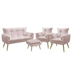 Namoradeira e 2 Poltronas Opala com Puff Lunar Veludo Aradecor, Rosê C
