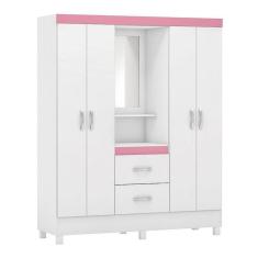 Guarda Roupa Capelinha Lord 4 Portas  Branco Rosa Com Espelho - Demóbile Branco Rosa