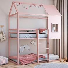 Beliche Infantil Casinha Janelinha Ludika Mobília limonada rosa