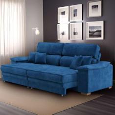 Sofá 3 Lugares Retrátil e Reclinável Raul Veludo Azul Marinho