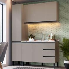 Cozinha Compacta Bambu 7 Portas 3 Gavetas Fumê - Quiditá Móveis, Bege,
